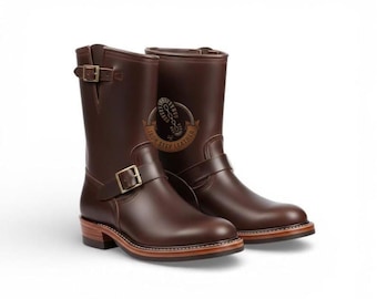 Handmade Brown Leather Engineer Boots – Men's Vintage Motorcycle Biker Mid Calf