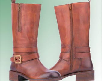 Handmade Brown Leather Motorcycle Boots, Vintage Buckle Strap Mid Calf Boots, Classic Rider Style