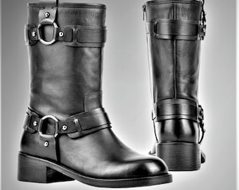 Handmade Vintage Leather Biker Boots, Black Harness, Western Style