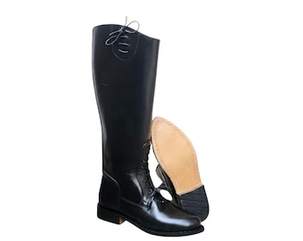 Handmade Black Leather Officer Riding Boots, Tall Lace-Up Heritage Fashion