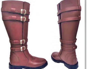 Handmade Leather Jedi Cosplay Boots, Tall Brown Buckle Costume Boots