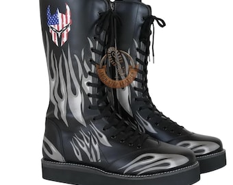 Black Flame Wrestling Boots with Patriotic Mask Design, Custom Lace-Up Ring Boots