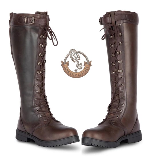 Dark Brown Leather Lace-Up Knee High Boots – Custom Riding Style Equestrian Men's Footwear