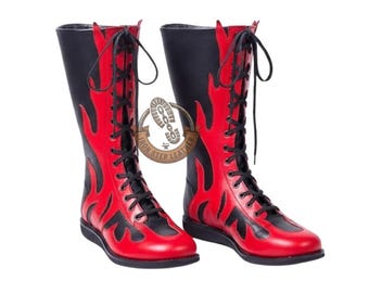 Handmade Red Black Flame Wrestling Boots, Pro Performance Cosplay Footwear