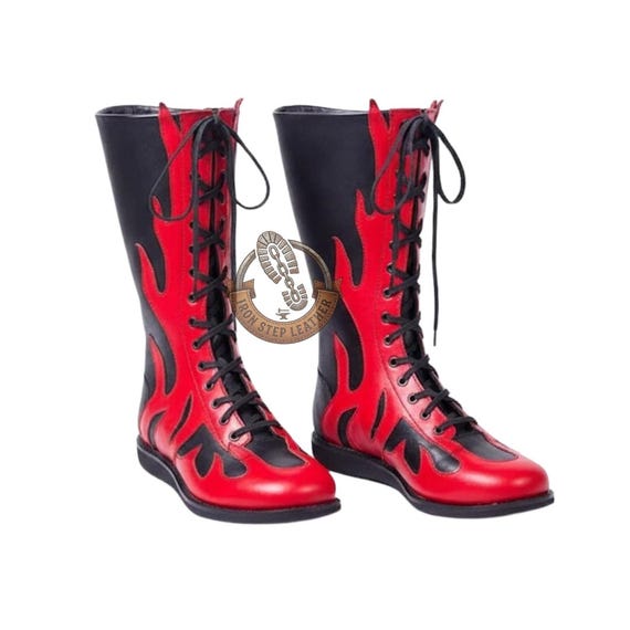 Handmade Red Black Flame Wrestling Boots, Pro Performance Cosplay Footwear