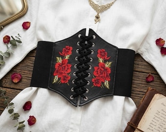 Corset Belt Women Lace-Up Waist Belt Wide Dress Belt PU Leather Elastic Cincher Waist-Shaping Korean Style One Size Black Red