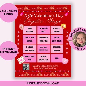May include: A red Valentine's Day Couples Bingo card with pink accents. The card features squares with activities like "Cook Together" and "Kiss." Text includes "2026 Valentine's Day Couples Bingo" and "Instant Download."