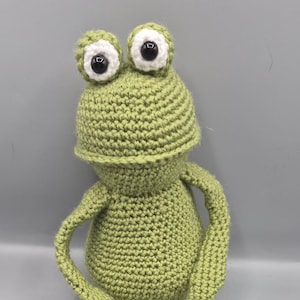 May include: A handmade crochet frog doll in shades of green. The frog has large white-rimmed eyes with black pupils, a round body, and outstretched arms. The doll is approximately 20 cm tall.