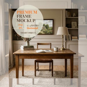 5x4 Horizontal Frame Mockup Vintage Home Office Interior, English Cottage Desk Art Display, Rustic Study Wall Mockup, Workspace PSD JPG