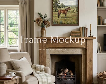 English Cottage Fireplace Mockup, Cozy Armchair Art Display, 4x5 Vertical PSD, Vintage Farmhouse Living Room, Mantel Frame Mockup, Day Light