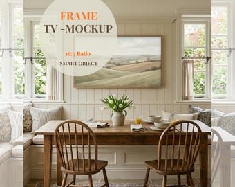 Samsung Frame TV Mockup, 16: 9 Ratio TV Art Display, Englische Cottage Küche Esszimmer, Psd Smart-Objekt, helles Botanisches TV-Mockup Psd