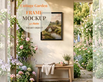 Rahmen Mockup 10x15 | Bauerngarten Mockup | Romantischer Outdoor Rahmen | Blumen Terrasse Szene | PSD Smartobjekt