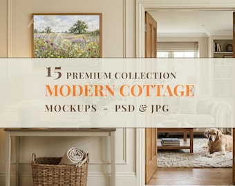 Bündel von 15 horizontalen Rahmen Mockups, 5x4 Verhältnis PSD, Wandkunst-Mockup im englischen Cottage-Stil