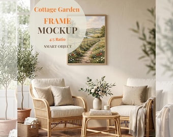 Rahmen Mockup 10x15 | Neutral Home Interior Mockup | Boho Rattan Stuhl Szene | PSD Smartobjekt | Wand Kunst Mockup