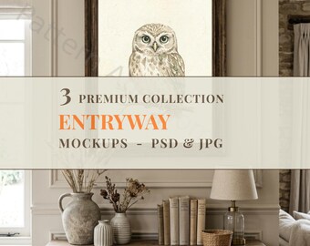 3 Entryway Frame Mockups Bundle, English Cottage Console Table Art Display, Rustic Hallway Interior Mockup, Vertical Wood Frame PSD JPG