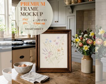 Kitchen Frame Mockup PSD, Rustic Wood Frame on Countertop, Farmhouse Kitchen Interior, Cottagecore Art Display, Smart Object Digital