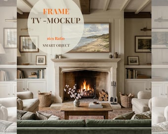 TV-Rahmen-Modell, Kunstdisplay im Verhältnis 16: 9, Englisches Cottage-Wohnzimmer, Kamin, PSD Smart-Objekt, französisches Wohndekor-TV-Modell Psd
