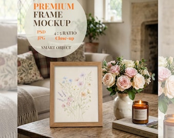 PSD Eichenrahmen Mockup, gemütliches Wohnzimmer Interieur, Bauernhaus Couchtisch Anzeige, Cottagecore Wohnkultur, vertikaler Smart Objekt Download