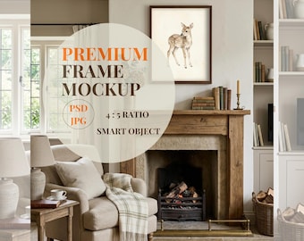 Englisches Landhaus Kamin Mockup, gemütlicher Sessel Kunst, 4x5 vertikal PSD, Vintage Bauernhaus Wohnzimmer, Mantelrahmen Mockup, Tageslicht