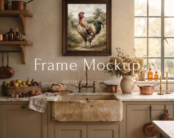 Autumn Farmhouse Kitchen Frame Mockup, Fall Harvest Wall Art Display, Cozy Copper Kitchen PSD JPG Mockup