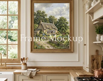English Cottage Kitchen Mockup, Farmhouse Range Cooker Art Display, 4x5 Vertical PSD, Rustic Kitchen Interior, Day Light Frame, 1 Frame