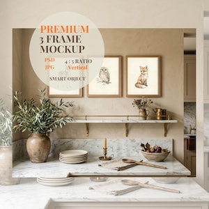 May include: Three light wood frames hanging on a beige wall above a marble shelf. The frames contain illustrations of a deer, an owl, and a fox. The text PREMIUM 3 FRAME MOCKUP PSD JPG 4:5 RATIO VERTICAL SMART OBJECT is overlaid on the image.