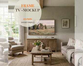 Samsung Frame TV Mockup, 16: 9 Ratio TV Art Display, Englisches Cottage Wohnzimmer sage grün, Psd Smart-Objekt, Vintage Art TV Mockup Psd