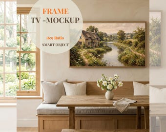 Englisches Cottage TV-Mockup, Kunstdisplay im Verhältnis 16: 9, Küchenecke, Smart-TV-Mockup PSD, modernes Bauernhaus-Wandkunstdisplay Mockup PSD