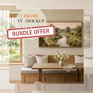 Paquete de 5 maquetas de marcos de TV, vol. 2, expositor de arte para TV con marco Samsung, interior estilo cottagecore vintage, archivo PSD de objeto inteligente, descarga digital en formato JPG de Canva.