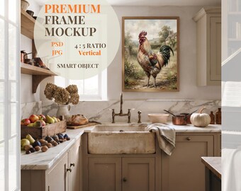 Countryside Bridge Landscape Frame Mockup, Autumn Farmhouse Kitchen Wall Art, Rustic Oil Painting Display PSD JPG Mockup