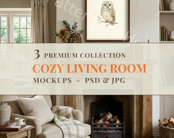 3 Living Room Frame Mockups Bundle, English Cottage Fireplace Art Display, Cozy Moody Interior Mockup, Vertical Wood Frame PSD JPG, Vintage