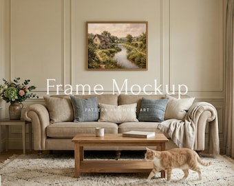 5x4 Horizontal Frame Mockup Vintage Living Room, Sofa Wall Art Display, English Cottage Interior, Cozy Home Mockup with Cat, Farmhouse PSD