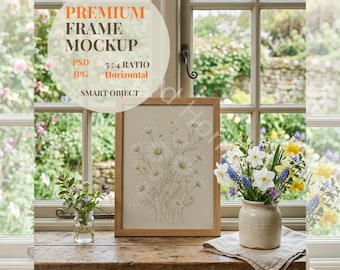 Vertical Wood Frame Mockup, Close Up Frame on Window Sill, Rustic Interior Mockup with Flowers, Digital Poster Frame Mockup, Smart Object