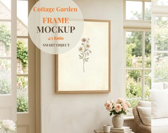 Cottagecore Rahmen Mockup 4x5, Gartenzimmer Innen Mockup, Holzrahmen Kunst Display, Smart Objekt PSD, Canva Hintergrund, Ästhetische Wandkunst