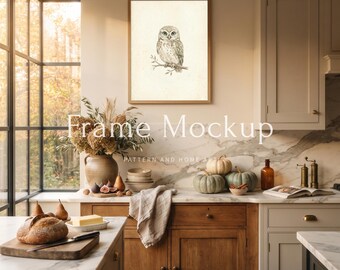 Sunlit Autumn Kitchen Frame Mockup, Golden Hour Farmhouse Wall Art Display, Fall Pumpkin Portrait Frame PSD JPG Mockup