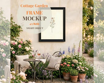 Schwarzer Rahmen Mockup 4x5, Garten Terrasse Kunst, Cottage Wand Mockup PSD, Canva Hintergrund, Romantisches Outdoor Dekor, Sommergarten Poster