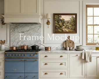 5x4 Horizontal Frame Mockup Vintage Kitchen Interior, English Country Kitchen Art Display, Blue Range Cooker Mockup, Rustic, Kitchen mockup