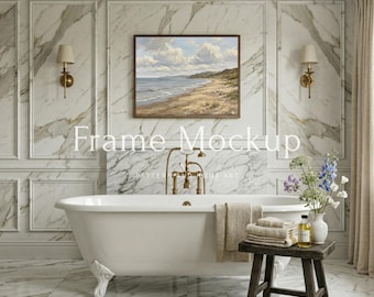 5x4 Horizontal Frame Mockup Vintage Bathroom Interior, Luxury Bathtub Art Display, Marble Wall Mockup, English Country House Interior Decor