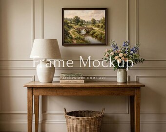 Horizontal Frame Mockup Vintage Entryway Interior, Moody Landscape Mockup, Aesthetic Console Table Mockup, English Cottage Art Display