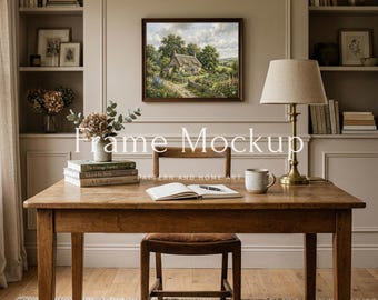 5x4 Horizontal Frame Mockup Vintage Home Office Interior, English Cottage Desk Art Display, Rustic Study Wall Mockup, Workspace PSD JPG