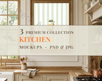 3 Kitchen Frame Mockups Bundle, English Cottage Kitchen Art Display, Rustic Farmhouse Interior Mockup, Vertical Wood Frame Mockup PSD JPG