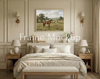 5x4 Horizontal Frame Mockup Vintage Bedroom Interior, Cozy Bed Art Display, English Cottage Style, Farmhouse Master Bedroom Wall Art Mockup