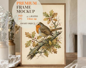 Minimalistischer Holzrahmen Mockup PSD, Eiche Bilderrahmen auf Holztisch, Neutral Cottagecore Kunst Display, Nahaufnahme Smart Objekt Digitaler Download