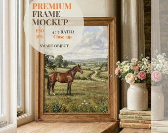 Rustikaler Holzrahmen Mockup am Fenster, Eiche Bilderrahmen auf der Fensterbank, Cottagecore Interior Art Display, Smart Objekt PSD Digital Download