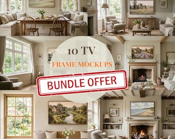 10 TV-Rahmen-Mockup-Bundle, Samsung-Rahmen TV-Mockup-Kollektion, Bauernhaus-Wohnzimmer-Interieur, TV-Kunstanzeige, Smart-Objekt Psd Canva Jpg