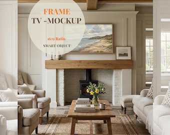 Samsung Frame TV Mockup, 16: 9 Ratio TV Art Display, Englisches Cottage Wohnzimmer Kamin, Psd Smart-Objekt, Vintage Bauernhaus TV Mockup Psd