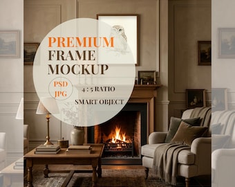 Englisches Cottage Kamin Mockup, gemütliche Nacht Kunstanzeige, 4x5 vertikal PSD, Vintage Land Wohnzimmer Mockup, Mantelpiece Rahmen, warmes Glühen