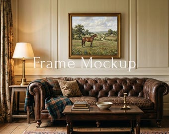Moody Square Frame Mockup Dark Academia Living Room, Vintage Leather Sofa Art Display, English Library Decor, Rustic Library Wall Mockup JPG