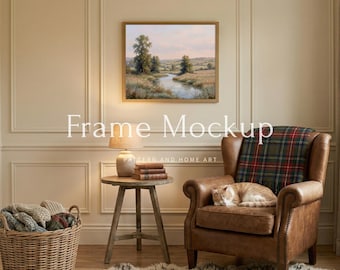 5x4 Horizontal Frame Mockup Vintage Reading Nook, English Cottage Bookshelf Art Display, Cozy Armchair Library, Rustic Study Wall Mockup JPG