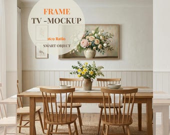 TV-Rahmen-Modell, Kunstdisplay im Verhältnis 16: 9, Moody-Library des Englischen Cottage, PSD Smart-Objekt, Dark Academia Home Interior TV-Modell Psd
